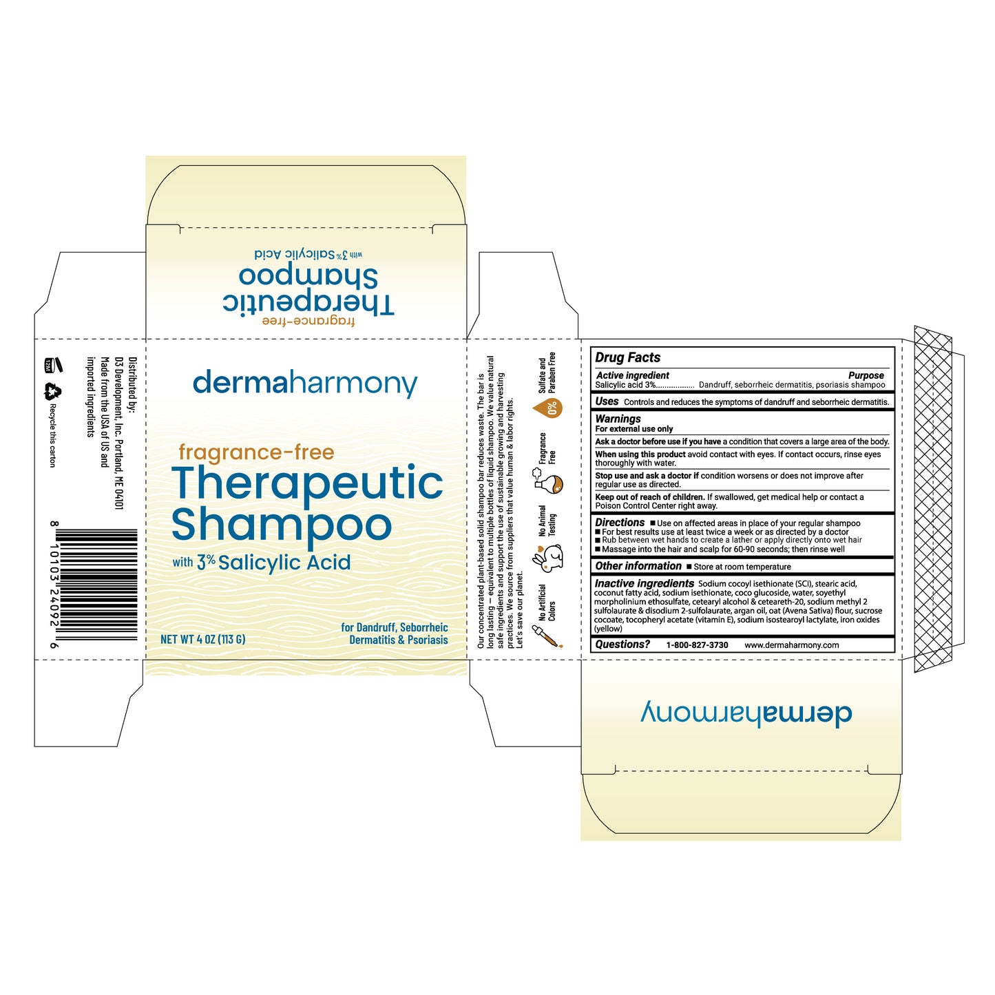 3% Salicylic Acid Dandruff, Seborrheic Dermatitis & Psoriasis Shampoo Bar - Fragrance-Free - 4 oz