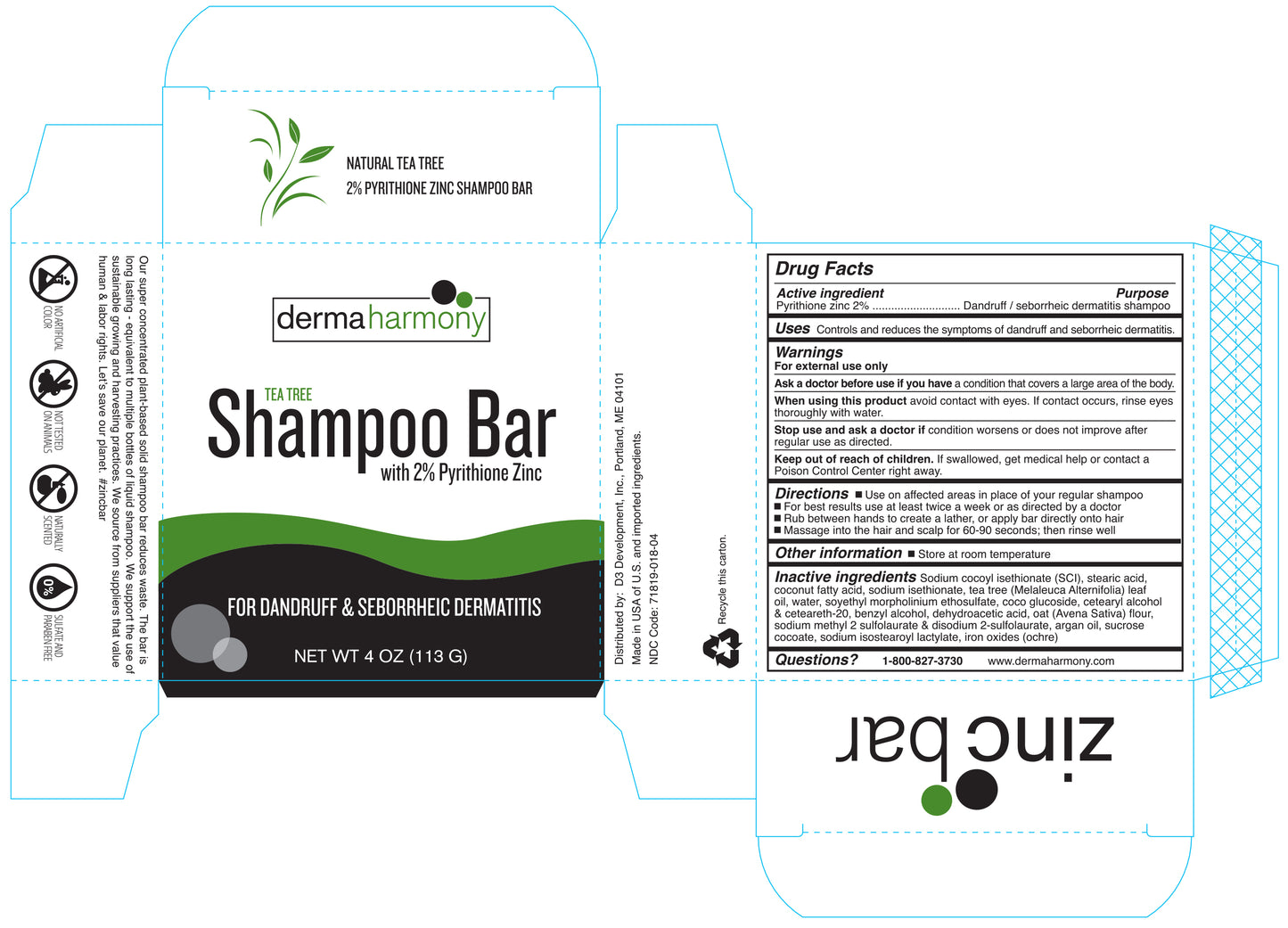 2% Pyrithione Zinc Dandruff & Seborrheic Dermatitis Shampoo Bar - Tea Tree